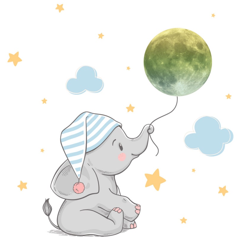 Billede af Sød selvlysende wallsticker med en lille elefant unge der holder månen i en snor. Lille. 18 stk.