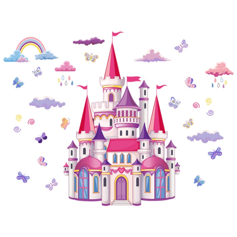 Billede af Prinsesse wallsticker med et flot slot i lyserøde og lilla nuancer. 100x76cm.