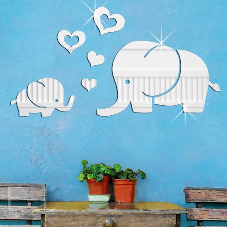 Billede af Elefant spejl. To søde elefanter med hjerter. Selvklæbende akryl spejl klistermærker.