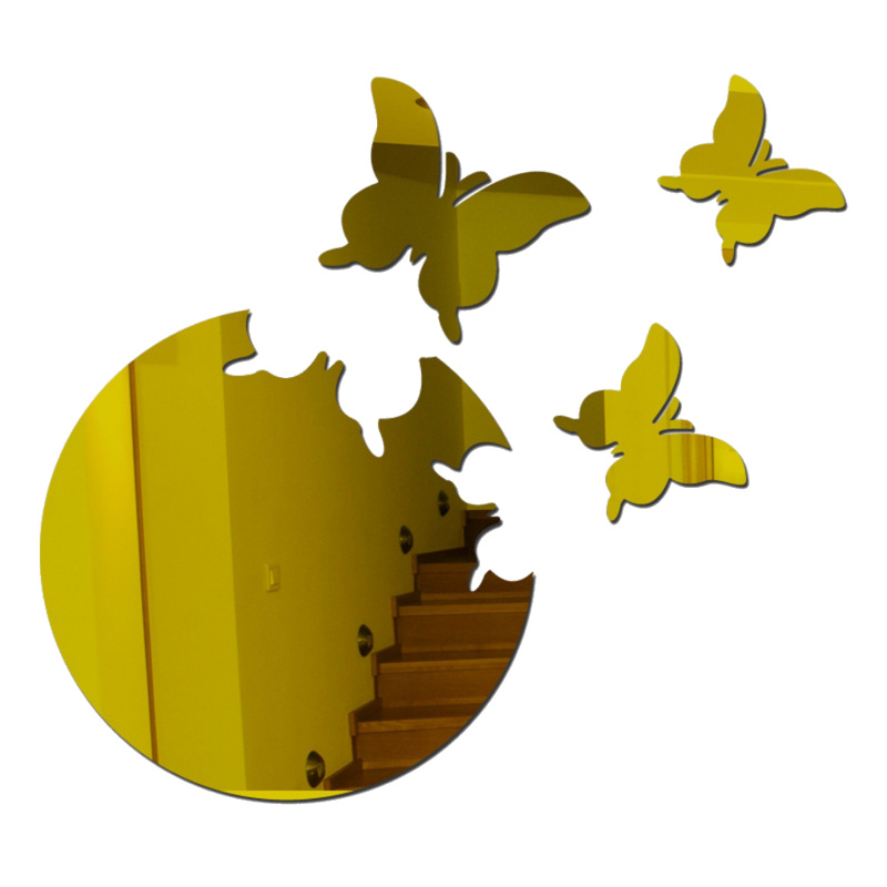 Billede af Spejl med sommerfugle der har løsrevet sig. Selvklæbende spejl klistermærker. Guld.