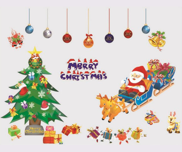 Billede af Merry Christmas Jule wallsticker. Julemand, juletræ, pynt mm.